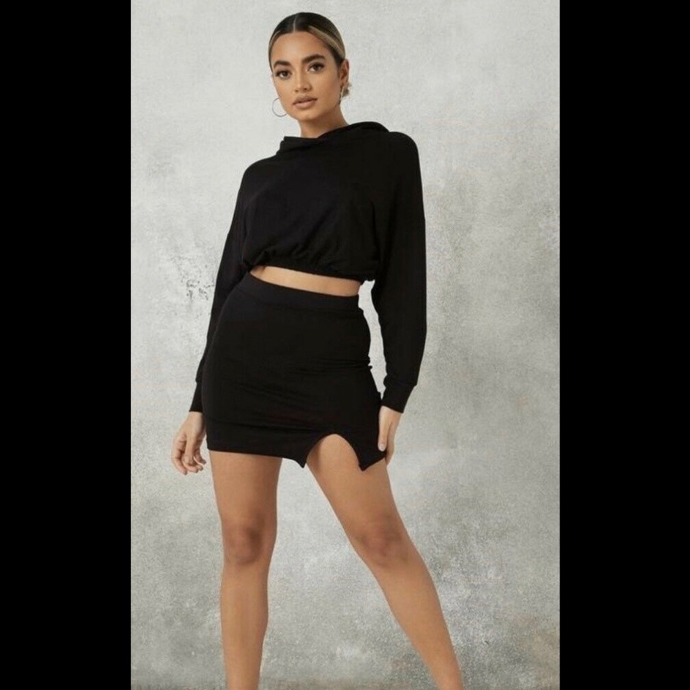 Black Hoodie Split Mini Skirt Set